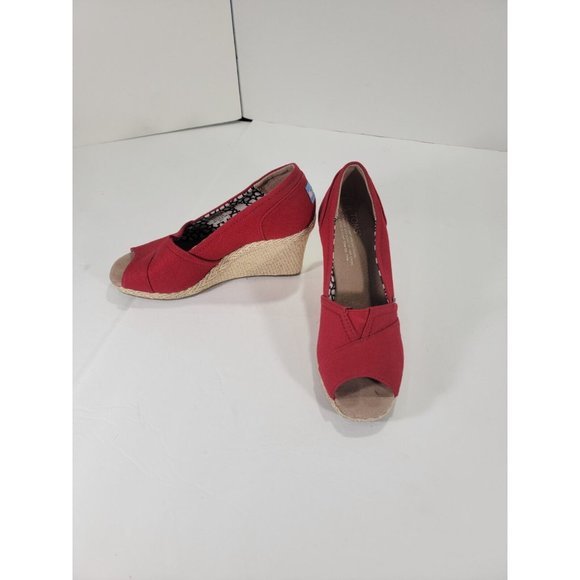 Toms Womens Wedges Size 7.5 Red Classic Canvas Espadrille Slip On Peep Toe - Picture 6 of 7